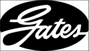 Black oval logo with white cursive text 'Gates'.