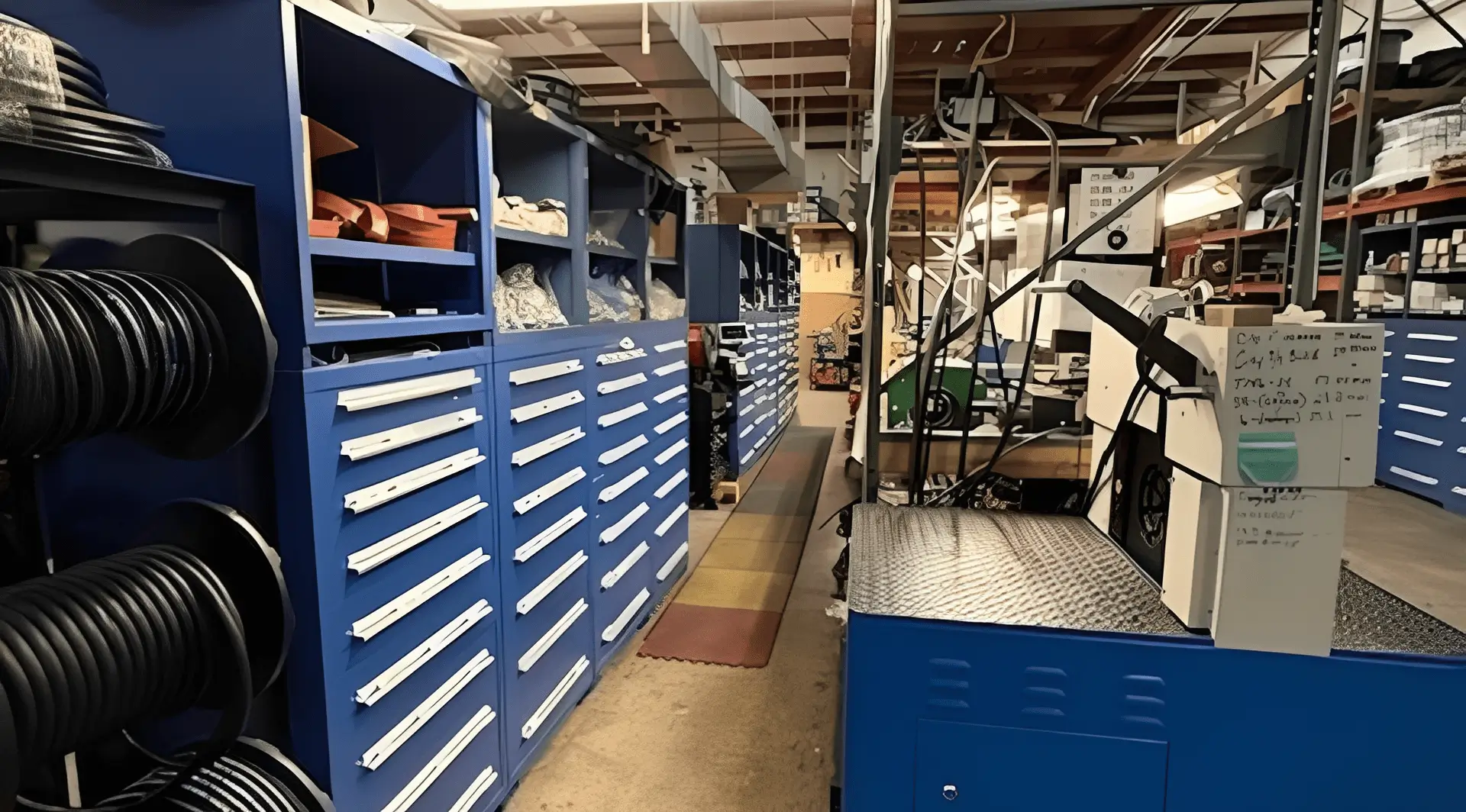 Organized industrial workshop with blue tool cabinets