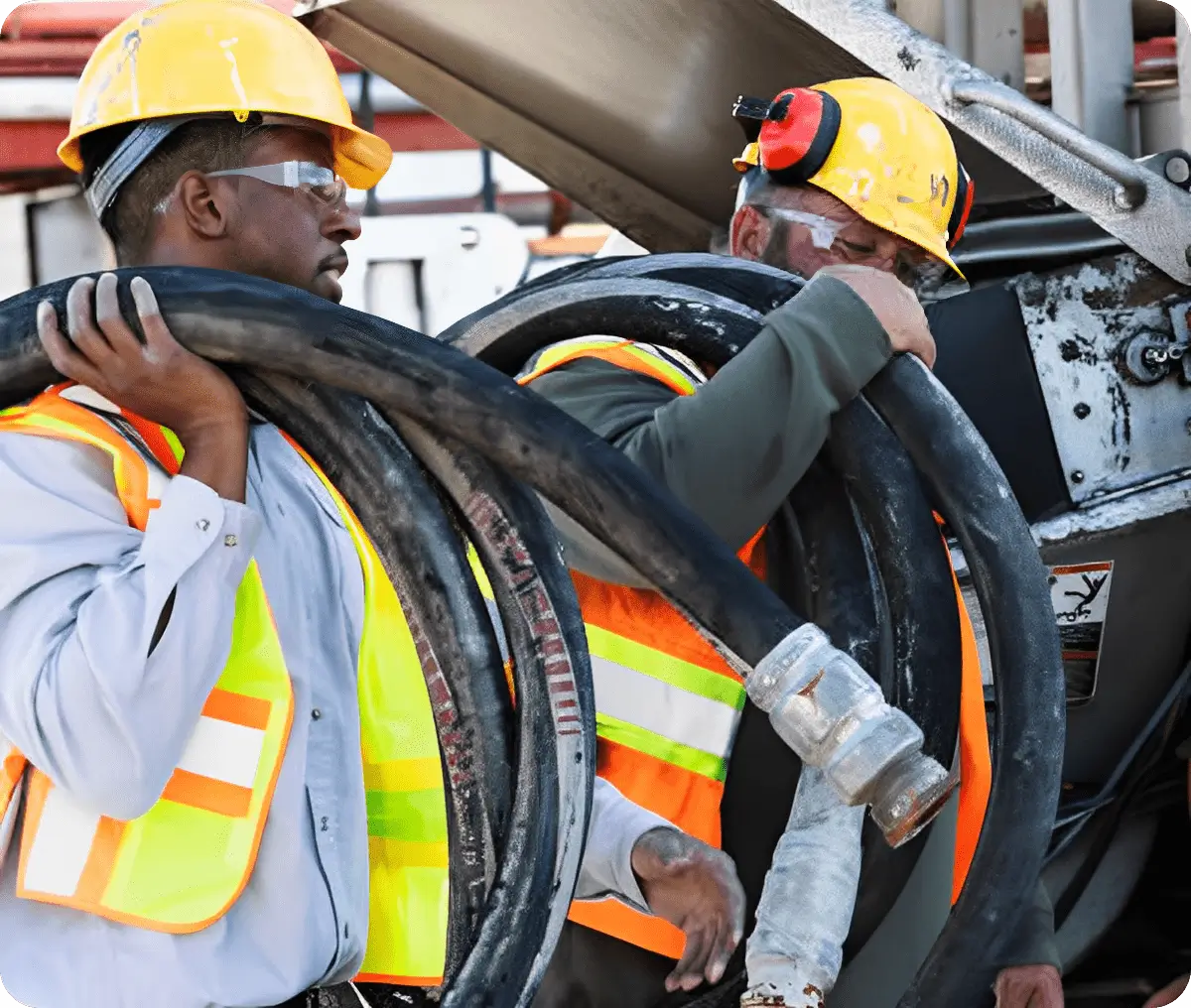 Construction workers carrying coiled hoses, wearing safety vests